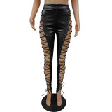 Sexy Leather Eyelet Tie High Waist Leather Pants