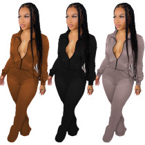 Fashion Solid Color Sports Zip Top Flared Pants Two Piece Set