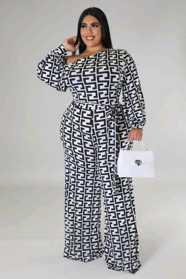 Long Sleeve Sexy Print Wide Leg Plus Size Jumpsuit