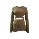 Solid Color Exposed Umbilical Flared Long-sleeved Top Two-piece Set