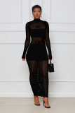 Sexy Solid Color Mesh Yarn Patchwork Long Sleeve Dress