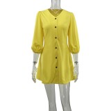 Loose V-Neck Casual Solid Mid-Sleeve Shirt Dress