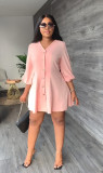 Loose V-Neck Casual Solid Mid-Sleeve Shirt Dress