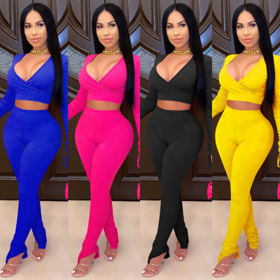 Solid Color Pile of Sleeve Tops Large V-Neck Two-Piece Set