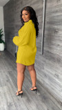 Solid Color V-Neck Casual Puff Sleeve Dress (with Belt)