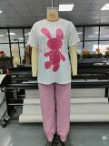 Street Trend Rabbit Print Short Sleeve T-Shirt Slim Suit