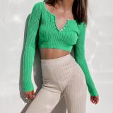 Knit Button Top Casual Cropped Long Sleeve Slim Fit T-Shirt