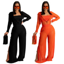 Solid Color Breasted Mesh Yarn See-through Wide Leg Pants Three-piece Set