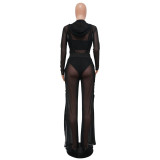 Solid Color Breasted Mesh Yarn See-through Wide Leg Pants Three-piece Set