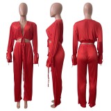 Solid Color Pressed Pleated Tie Wide-Leg Pant Set