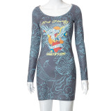 Casual Painted Print Crew Neck Long Sleeve Slim Fit Dress