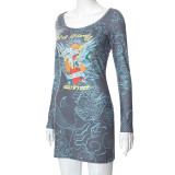 Casual Painted Print Crew Neck Long Sleeve Slim Fit Dress
