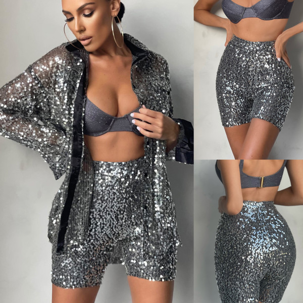 Fashion Sexy Sequin Shirt Shorts Two-Piece Set