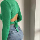 Fall Casual Sexy Knit Backless Tie Long Sleeve Top