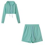 Knitted Hooded Zip Shorts Solid Color Fashion Casual Suit