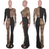 Leopard-Print Contrast Long-Sleeve Flared Jumpsuit