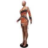 Fashion V-Neck Print Drawstring Dress