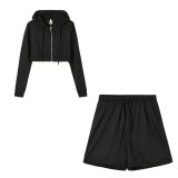 Knitted Hooded Zip Shorts Solid Color Fashion Casual Suit