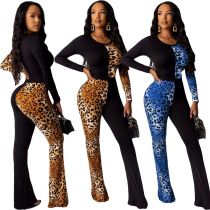 Leopard-Print Contrast Long-Sleeve Flared Jumpsuit