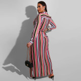 Striped Cardigan Lapel Fashion Slim Fit Plus Size Dress