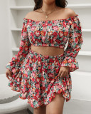 Autumn New Floral Long-sleeved One-shoulder Two-piece Suit