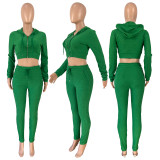 Solid Zip High Waist Hooded Two Piece