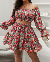 Autumn New Floral Long-sleeved One-shoulder Two-piece Suit