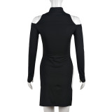 Cutout Turtleneck Off Shoulder Long Sleeve Dress
