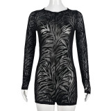 New Long Sleeve Tight Sexy Round Neck Mesh Yarn Jumpsuit