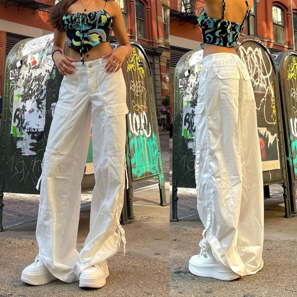 Solid Multi-Pocket Loose Straight Wide Leg Pants