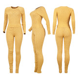 Solid Color Crew Neck Slim Sweater Two Piece Set