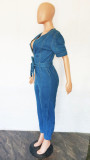 Fashion Women's Loose Denim Short Sleeve Jumpsuit