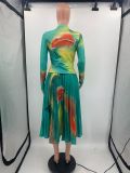 Autumn And Winter New Fashion Print Pleated High Waist Skirt Set