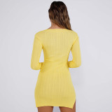 Solid Color Square Neck Long Sleeve High Waist Casual Dress