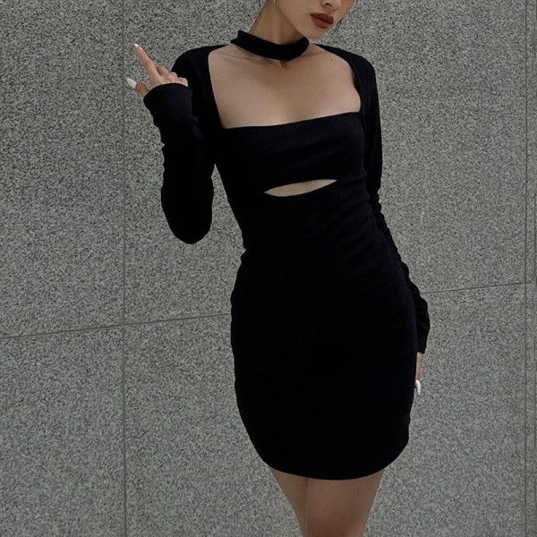 Solid Color Round Neck Hang Neck Long Sleeve Hollow Dress