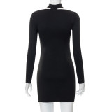 Solid Color Round Neck Hang Neck Long Sleeve Hollow Dress