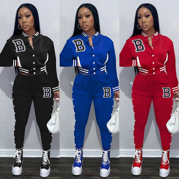 Solid Color Baseball Jersey Breasted Pocket Sports Two-Piece Set