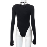 Solid Color Tie Long Sleeve Casual Bodysuit