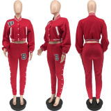 Solid Color Baseball Jersey Breasted Pocket Sports Two-Piece Set