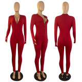 Autumn And Winter Long-sleeved Solid Color Set Finger Zipper Jumpsuit