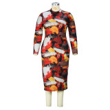 Autumn And Winter Printed Round Neck Slim Fashion Dress