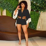 Solid V-Neck Fringe Pants Two-Piece Set