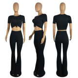 New Casual Solid Color Exposed Navel Micro Flared Pants Two-piece Set