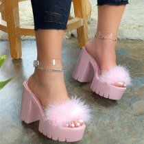 Fluffy Sandals Sheer Strap Chunky Heel Sandals