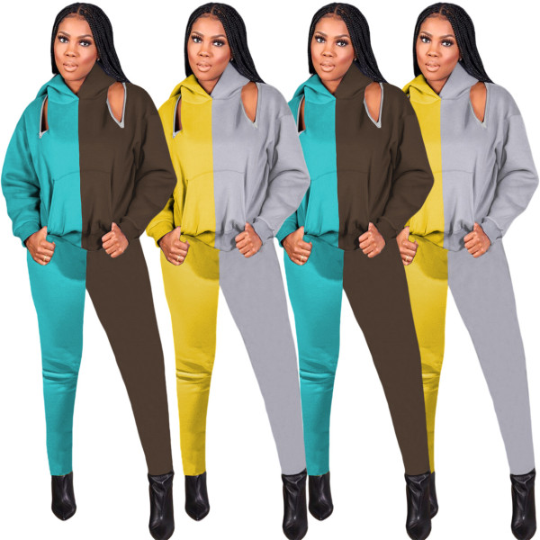 Stitching Off-shoulder Double-head Zip Hooded Sweatshirt Two-piece Set