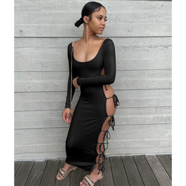 Autumn New Solid Color Lace-up Low-cut Sexy Dress