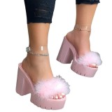 Fluffy Sandals Sheer Strap Chunky Heel Sandals