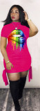 Digitally Printed Colorful Lip Tie Short Sleeve Cotton Dress