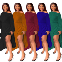 Solid Color One Word Collar Irregular Pleated Slit Dress