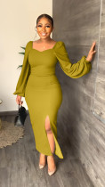 Solid Color Long Sleeve Sexy Hip Pack Slit Dress